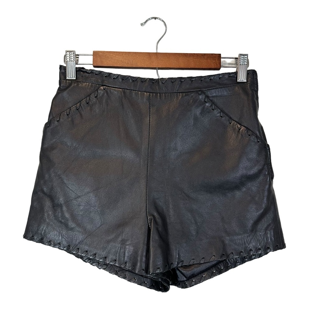 Topshop Black Leather Shorts Braided Trim with Pockets Size 6 (B31)